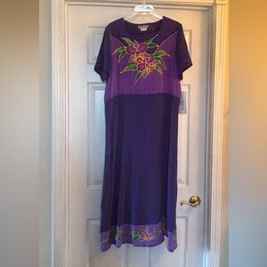 100% Silk Purple Floral Maxi Dress with Hand-Painted Detail